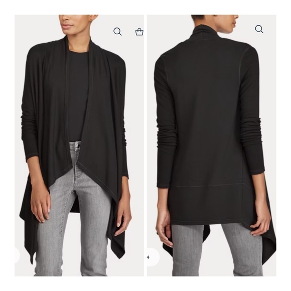Lauren Ralph Lauren Black Open Front Shark Bite Hem Lightweight Open Cardigan M - Picture 1 of 13